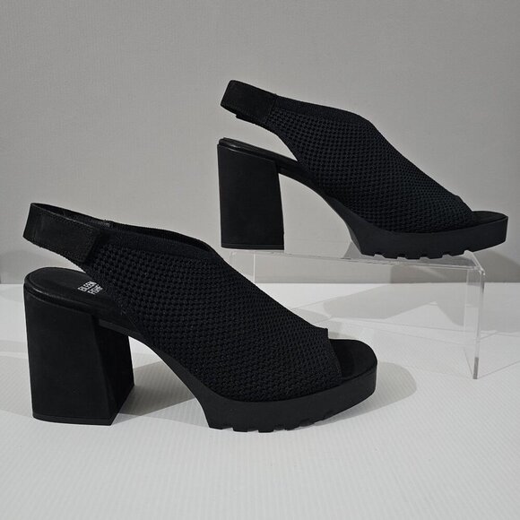 NEW Eileen Fisher Cue Sandal 11 Black Stretch Knit Slingback Chunky Platform - Picture 3 of 13